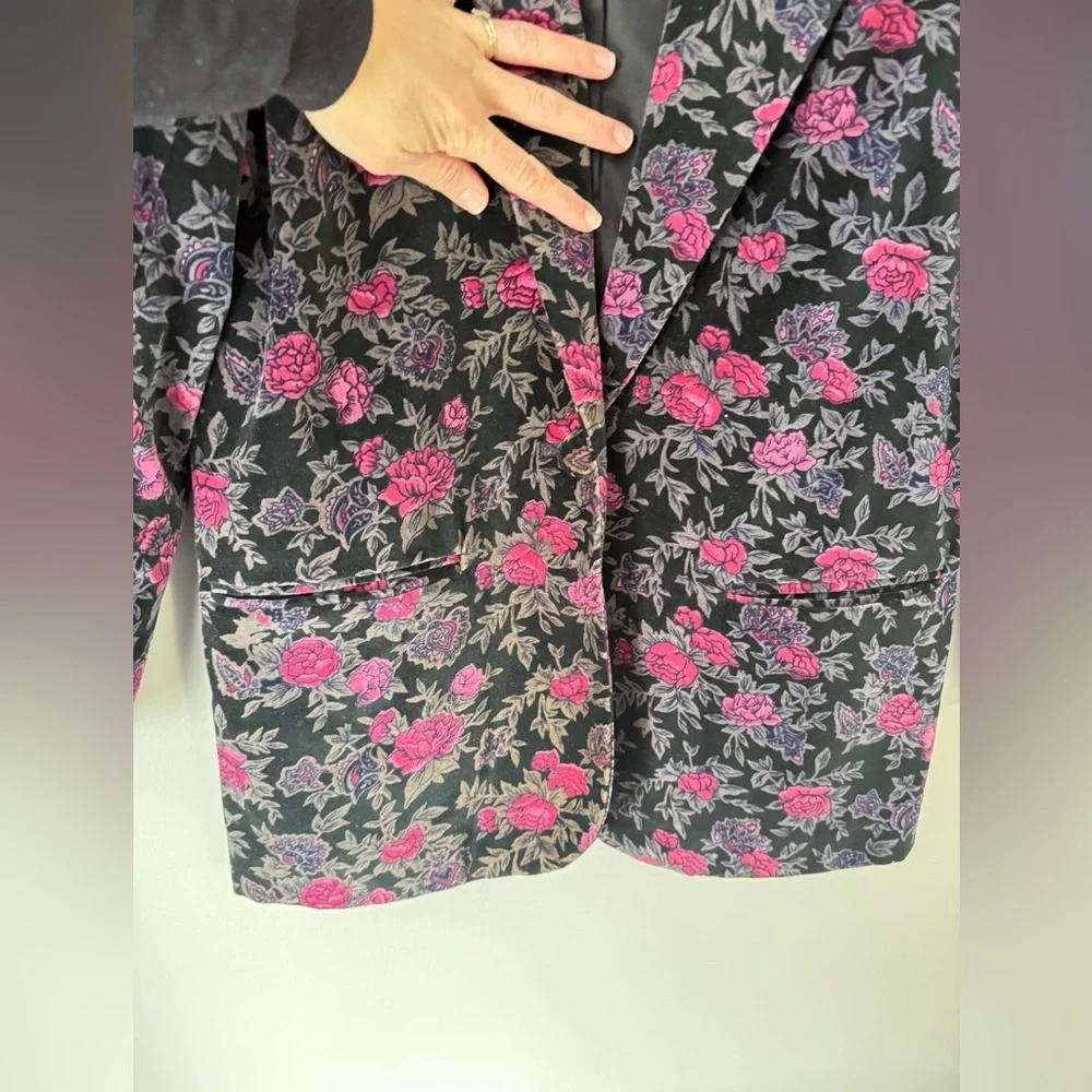 VTG Mark Alan Blazer Jacket Black Gray Pink Floral Size 8 M Lined Pockets Cotton - Picture 3 of 8